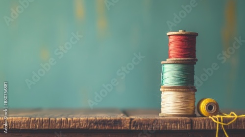 Image of antique spools with colorful threads on vintage sewing table with space for text Retro filter on Instagram