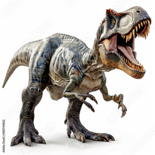 A formidable Allosaurus with its muscular build and sharp teeth, ready to strike, isolated on white background.