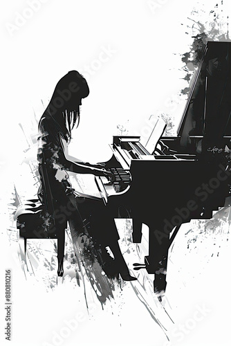 A black and white sketch of a pianist playing