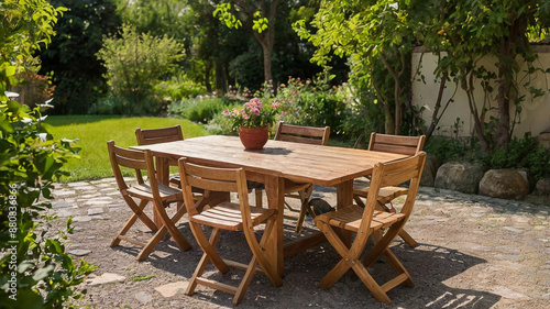 Vintage style wooden tables and chairs in a shady garden area with trees and flowers.