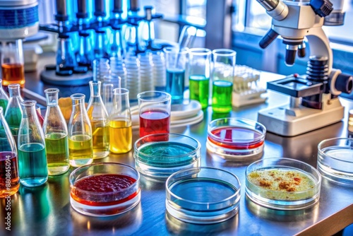 Microscopic view of laboratory equipment, petri dishes, test tubes, and reagents scattered on a workbench in a sterile microlaboratory environment for bacteriological examination.