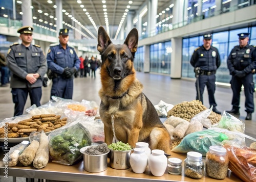 A police dog sits proudly next to a large seizure of confiscated drugs and paraphernalia on a table at a busy airport.