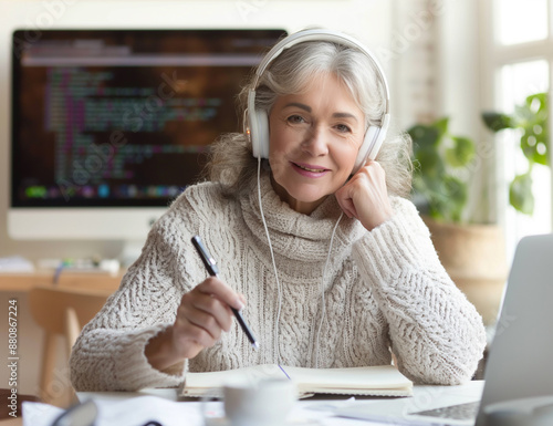 Mulher madura bonita e feliz com fones de ouvido sentada à mesa, fazendo anotações, assistindo a um webinar no laptop, aproveitando o curso na web ou treinamento online, estudando remotamente 