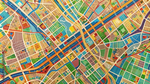 Vibrant urban map shows intricate street networks, highways, landmarks, and neighborhoods, providing a detailed view of city infrastructure for planning or navigation purposes.