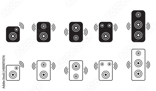 Music speaker icon, Loud woofer box vector icons set, design, outline, line and stroke style can be used for web, mobile, ui, system, eps 10