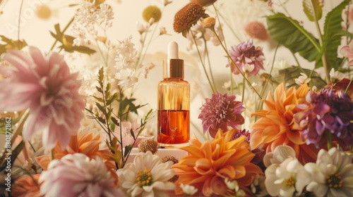 An essential oil bottle elegantly surrounded by a variety of vibrant flowers, highlighting natural beauty and self-care.