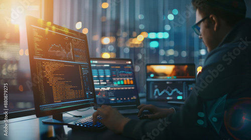 A focused individual working on complex coding and financial graphs in a modern office with city lights illuminating the background.