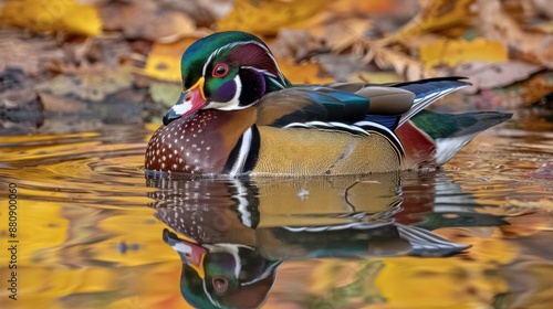 "Dramatic Wood Duck Gliding Across Calm Pond Waters"