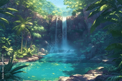 A majestic tropical waterfall surrounded by dense, vibrant green foliage