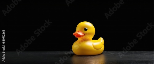 A single yellow rubber duck stands out against a black background, symbolizing fun, childhood, and playful bath time activities