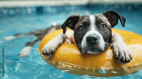 A heartwarming image of an adorable puppy resting in a yellow float in a swimming pool, looking up with an endearing expression, capturing a moment of pure joy.