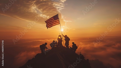 Military Personnel Raising a Flag at Sunrise on a Hilltop Symbolizing Duty and Honor