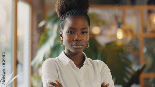 Foto de perfil retrato de atraente jovem negra hipster líder de equipe de escritório olhando para a câmera com confiança. Agradável mulher millennial hábil treinadora de negócios pose 