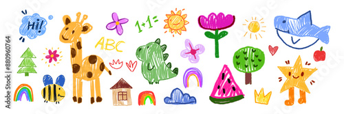 Kids drawing illustration, vector children color pencil naive doodle set, cute cartoon animals. Kindergarten funny wax crayon sketch, giraffe, crocodile, shark, rainbow, flower. Kids drawing clipart