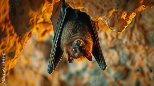 A vampire bat hanging upside down in a cave with glowing red eyes