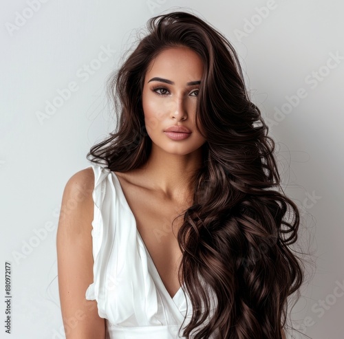  Beautiful woman with long dark brown hair, soft glam makeup