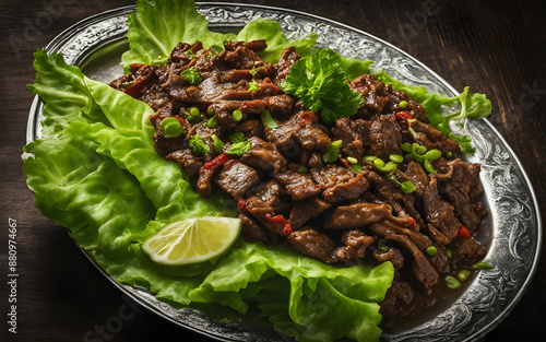 Cambodian lok lak, stir-fried beef, lime pepper sauce