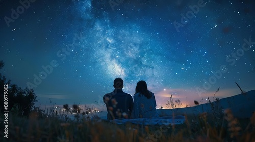 Couple sharing a blanket under the stars, stargazing, intimate