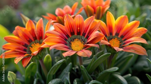 Vibrant red orange Gazania rigens flower in New Day Bronze Shades variety in summer garden close up view