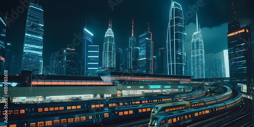 A bustling futuristic megapolis railway station with advanced trains and towering skyscrapers, featuring high-tech elements and neon lights.