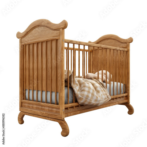 Rustic Wooden Baby Crib with Blanket, isolated on white background, transparent background 