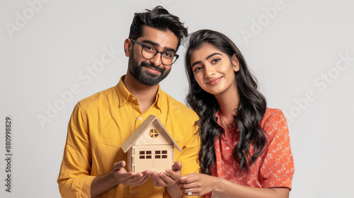 Happy Indian couple buying a house, Concept photo. Real estate.