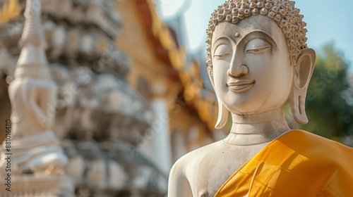 Standing Buddha statue focusing on the intricate details and serene expression