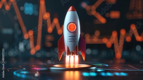 Rocketship launch with futuristic economic data, Market growth, Tech-driven business