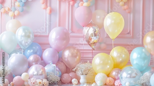 A bunch of colorful balloons in various shapes and sizes sits in a room decorated with streamers and confetti.