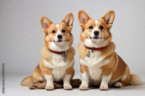 Full body of two adorable corgis sitting together isolated on grey background