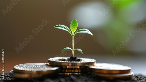 Sustainable finance and investment concept with a plant sprouting from savings coins