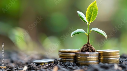 Sustainable finance and investment concept with a plant sprouting from savings coins