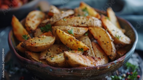 Seasoned raw potato wedges in bowl 