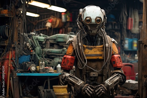 Near future. Robot repairman in a car repair shop. He stands in dirty work clothes and looks at the camera.