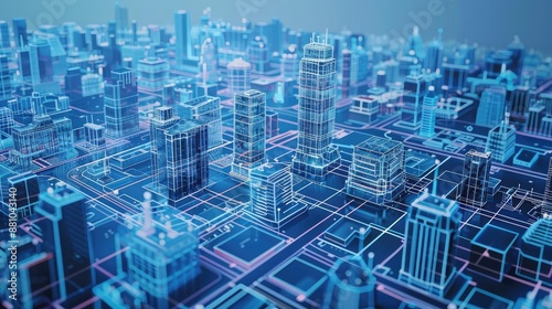 Futuristic cityscape with digital overlay of planning blueprints.