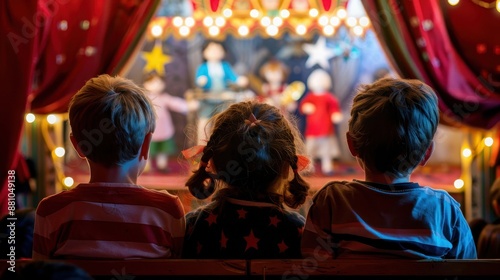 Children enjoying a puppet show with colorful lights and decorations, showcasing creativity and entertainment in a whimsical setting.