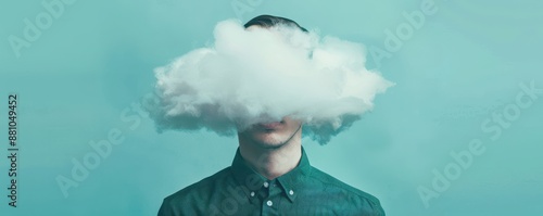 Man with head in the cloud concept, surreal and dreamy moment representing imagination, creativity, and abstract thoughts.