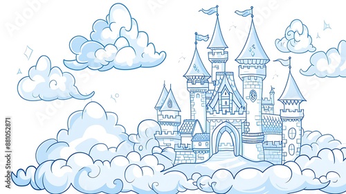 A beautiful blue castle floats among the clouds. The castle has many towers and turrets, and it is surrounded by fluffy white clouds.