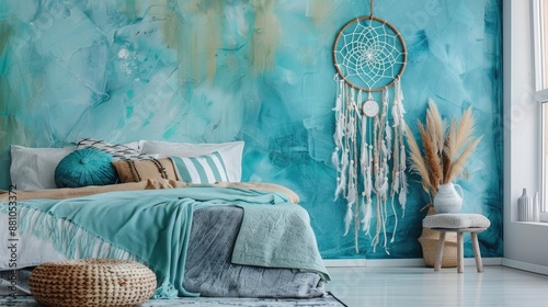 Dream catcher decoration in bedroom on aquamarine backdrop