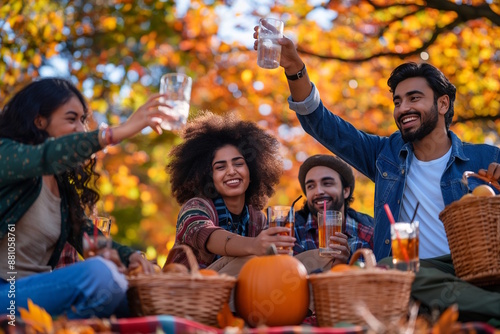 Group of friends toasting at an outdoor autumn picnic, surrounded by colorful leaves. Concept of friendship, celebration, and seasonal gatherings