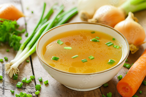 tasty and healthy hot chicken beef bone broth, soup in a white bowl with vegetables, carrot and onion