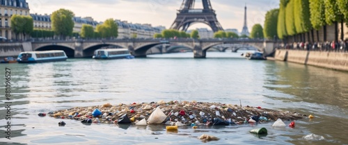 Illustration of sewage pollution in the Seine river in Paris. Water quality fear. Generated AI. Not the actual event