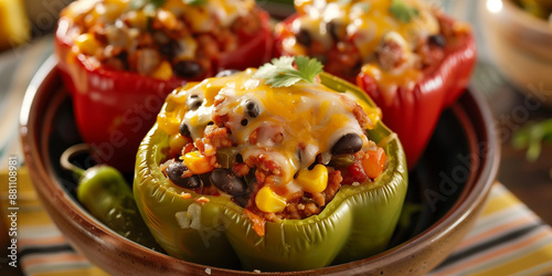 Vibrant dish of stuffed bell peppers with ground turkey, black beans, corn, and melted cheese