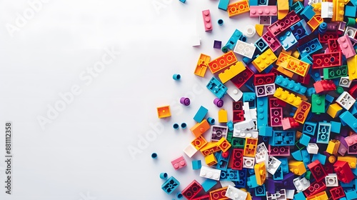 White background, white space in the center of picture. A pile of colorful blocks scattered all over the place. The bricks of different shapes and sizes to show diversity.