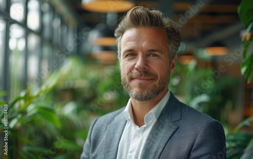 A man in a suit and tie is smiling for the camera. He looks confident and happy. The image is set in a greenhouse with many plants, creating a natural and peaceful atmosphere