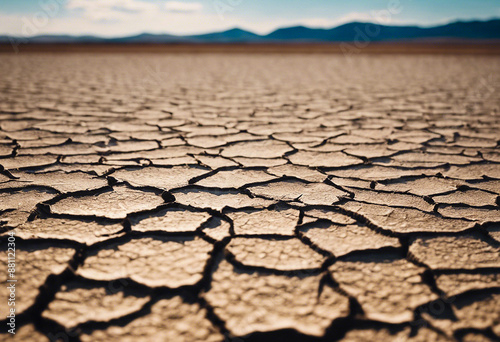 Landscape with cracked ground, cracked soil due to drought