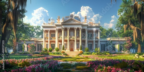 A regal Southern plantation house, with its grand columns, sweeping verandas, and lush gardens, captures the romance and history of the antebellum South