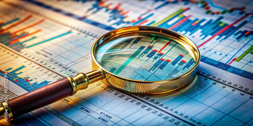 A solitary magnifying glass zooms in on intricate financial charts and graphs scattered on a cluttered desk, scrutinizing market trends and economic indicators.