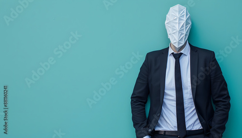 Geschäftsmann mit einer Maske in geometrischer Form, unbekannte Arbeitskraft