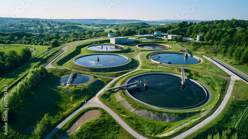 Un site de traitement des eaux usées avec plusieurs bassins circulaires au milieu de la campagne verdoyante.